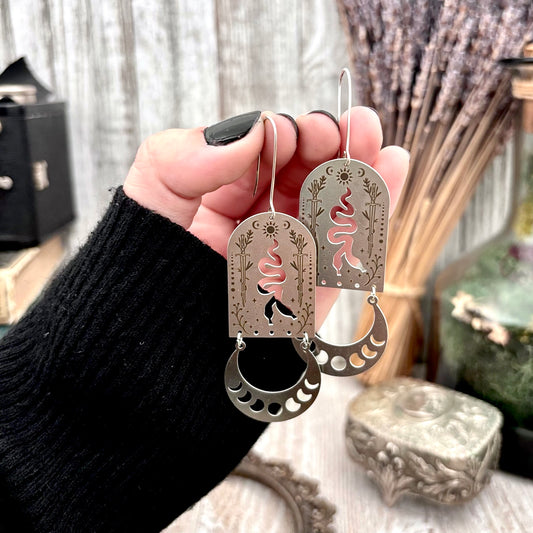Stainless Steel Moon Phases Two Headed Snake Earrings / Long Dangle Earrings