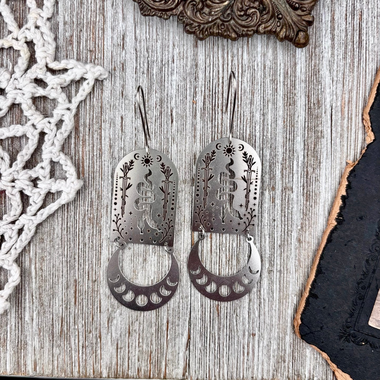 Stainless Steel Moon Phases Two Headed Snake Earrings / Long Dangle Earrings