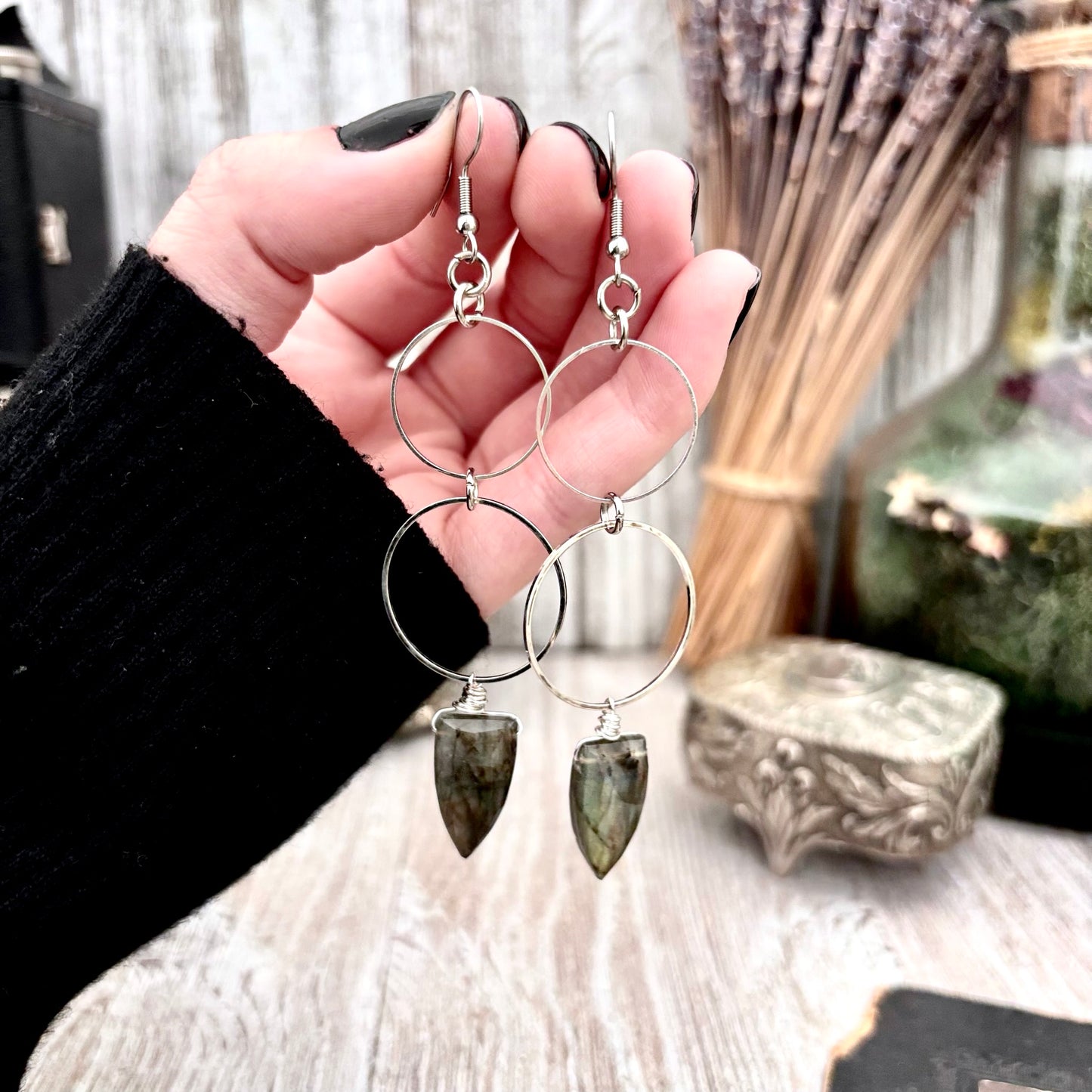 Stainless Steel Labradorite Hoop Earrings / Long Dangle Earrings