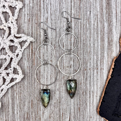 Stainless Steel Labradorite Hoop Earrings / Long Dangle Earrings