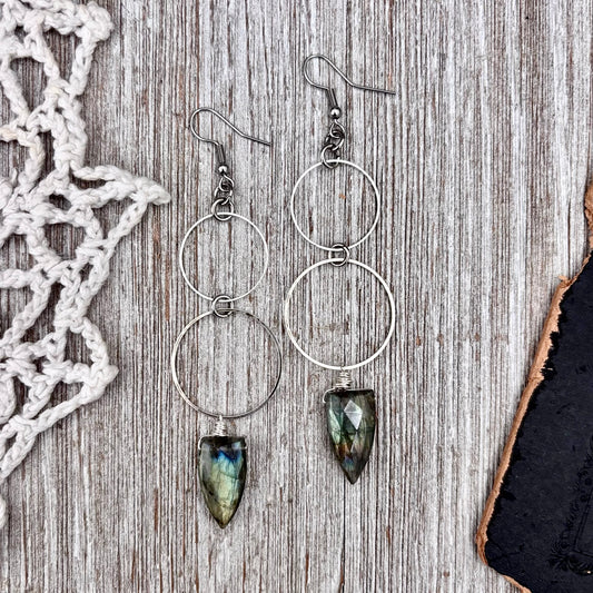 Stainless Steel Labradorite Hoop Earrings / Long Dangle Earrings