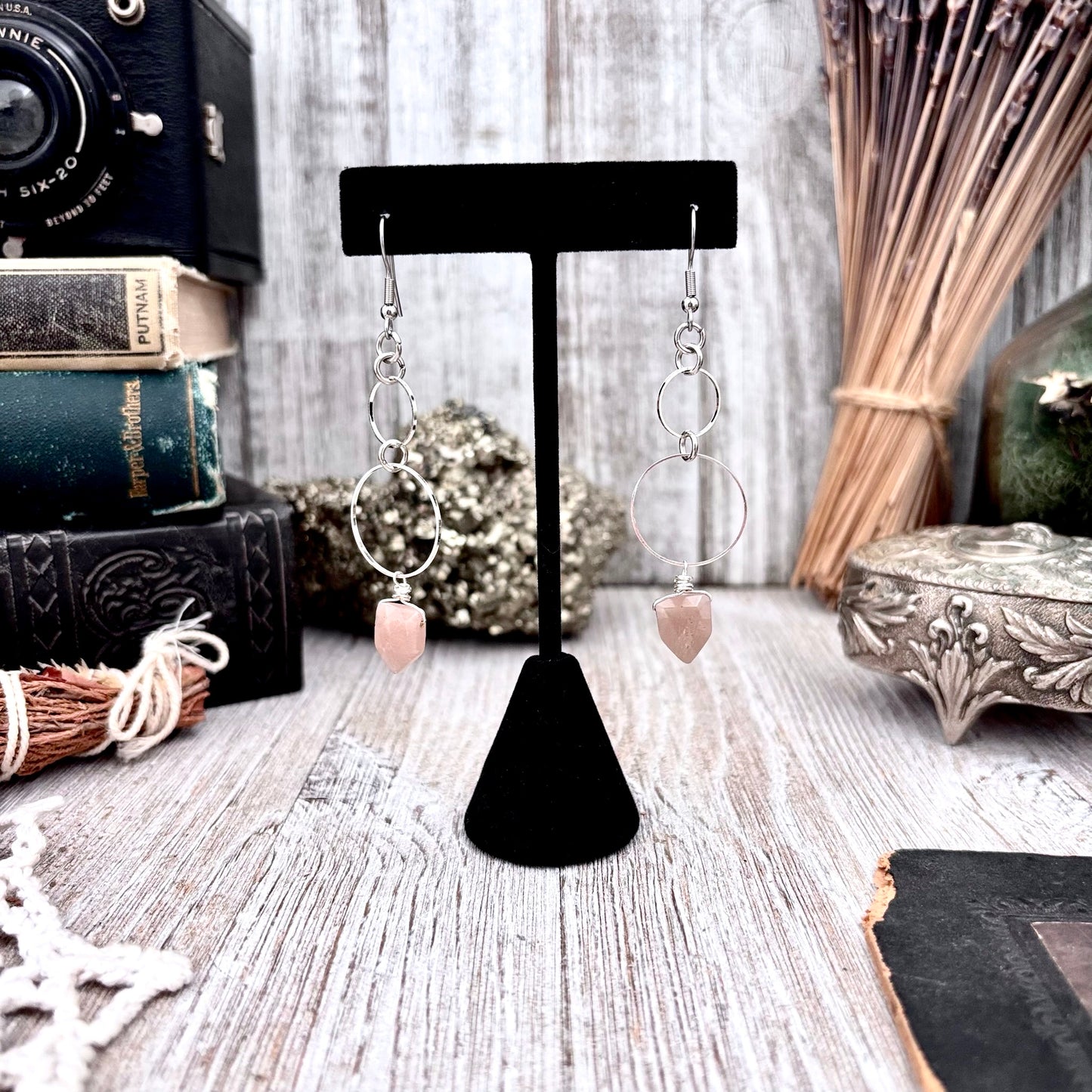 Stainless Steel Peach Moonstone Hoop Earrings / Long Dangle Earrings