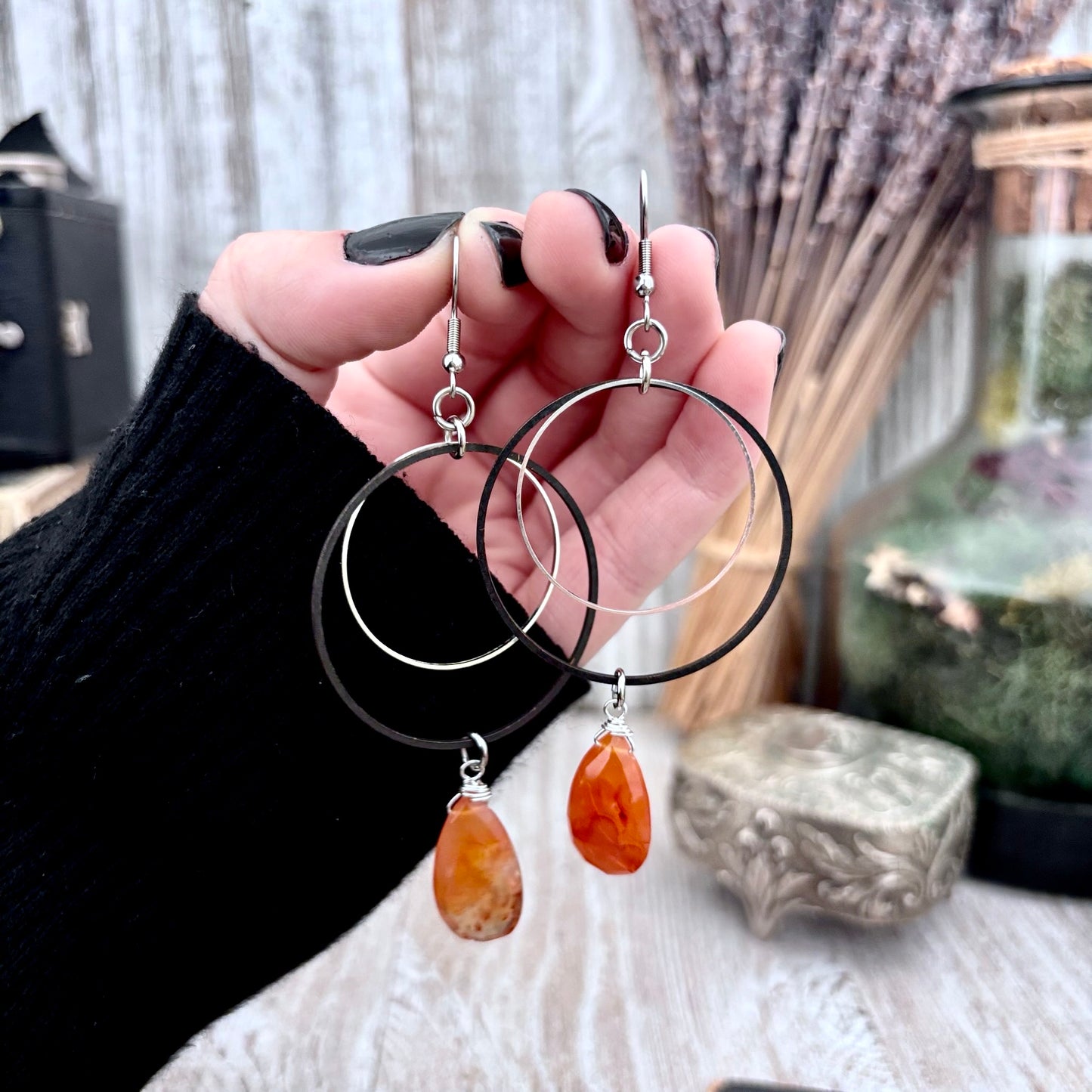 Stainless Steel Carnelian Hoop Earrings / Long Dangle Earrings