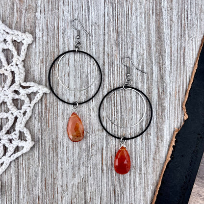 Stainless Steel Carnelian Hoop Earrings / Long Dangle Earrings