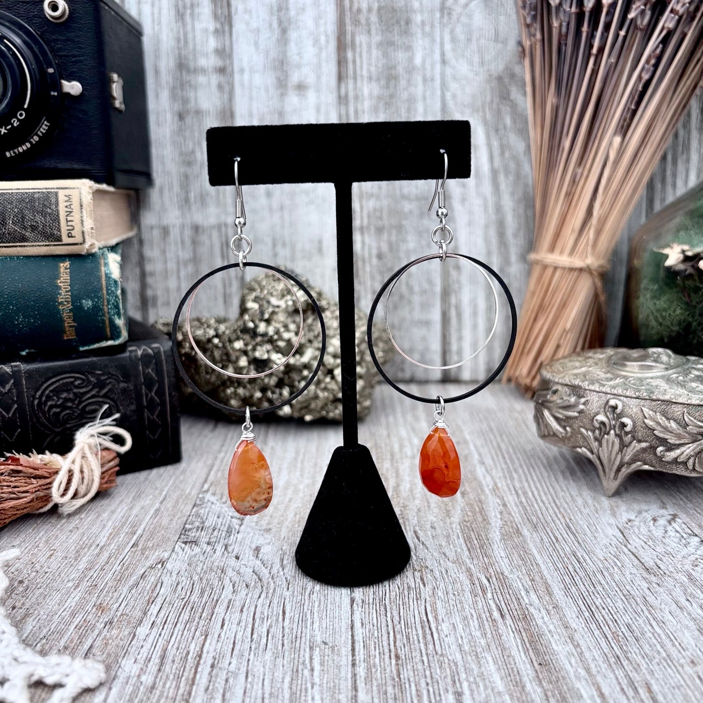 Stainless Steel Carnelian Hoop Earrings / Long Dangle Earrings