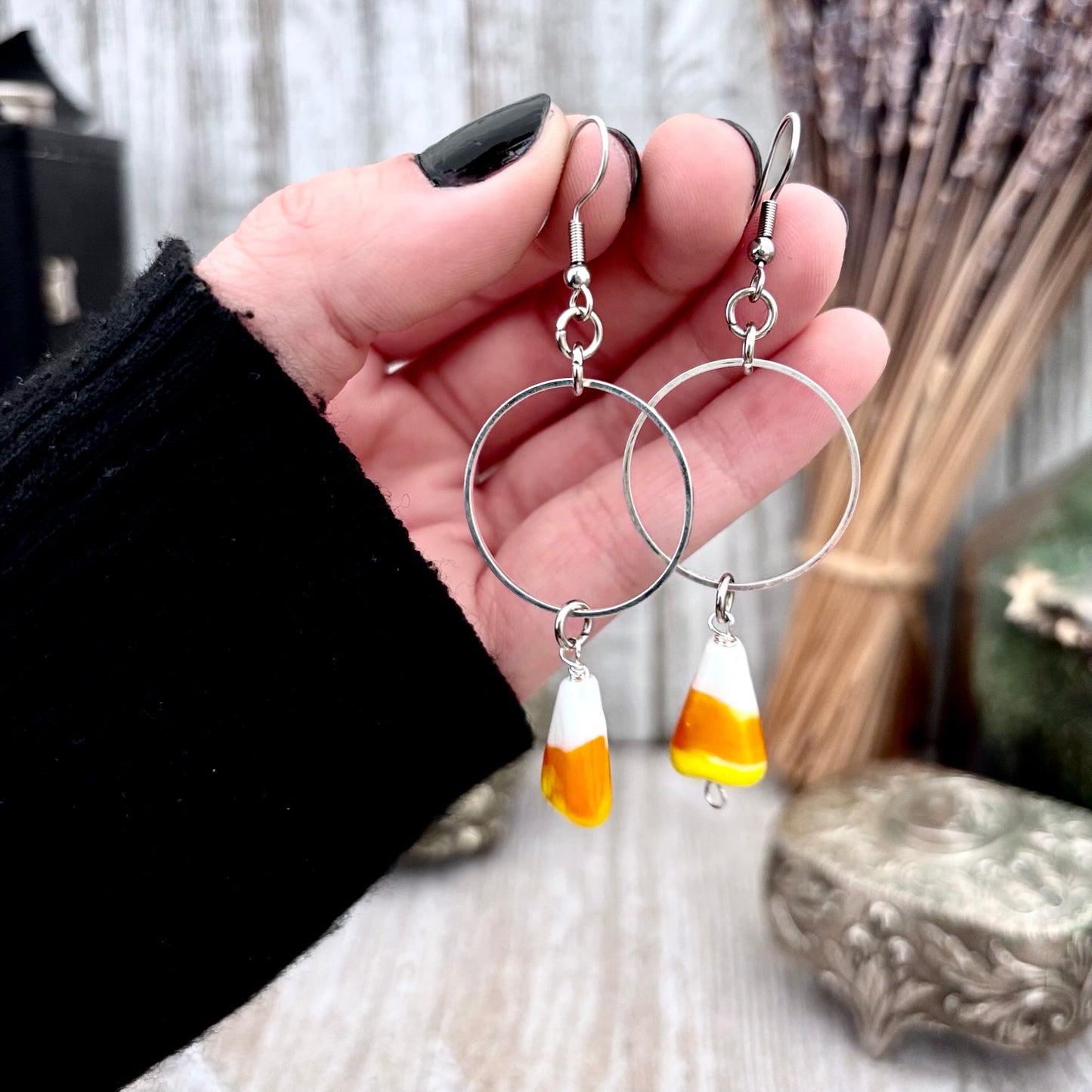 Stainless Steel Candy Corn Hoop Earrings / Long Dangle Earrings
