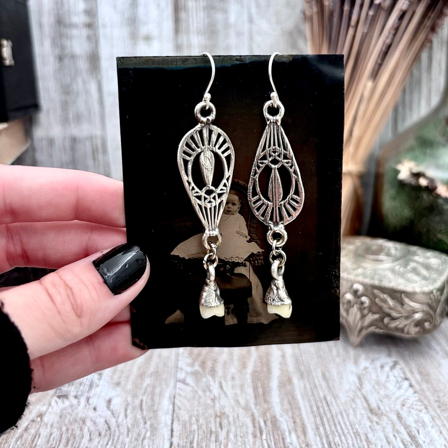 Sterling Silver Dangle Tooth Earrings / Long Dangle Witchy Earrings FOXLARK
