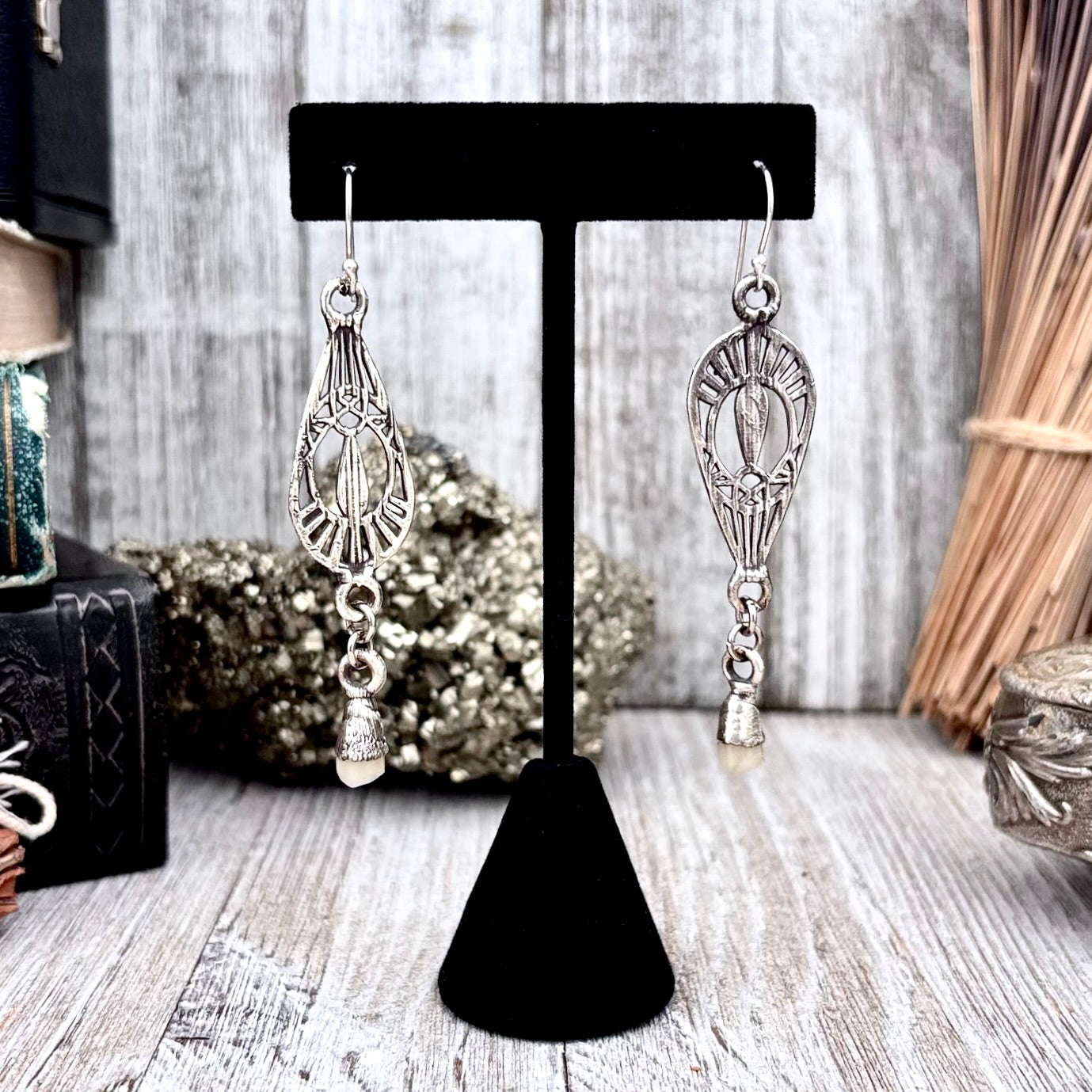 Sterling Silver Dangle Tooth Earrings / Long Dangle Witchy Earrings