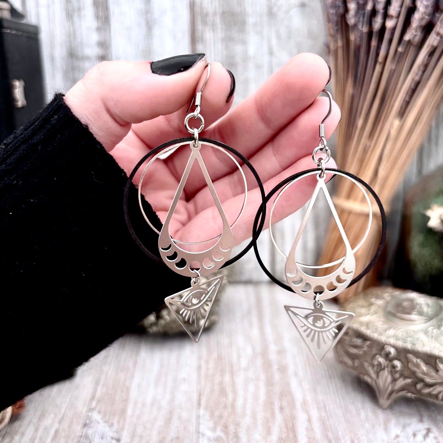 Stainless Steel All Seeing Eye Moon Phases Hoop Earrings / Long Dangle Earrings