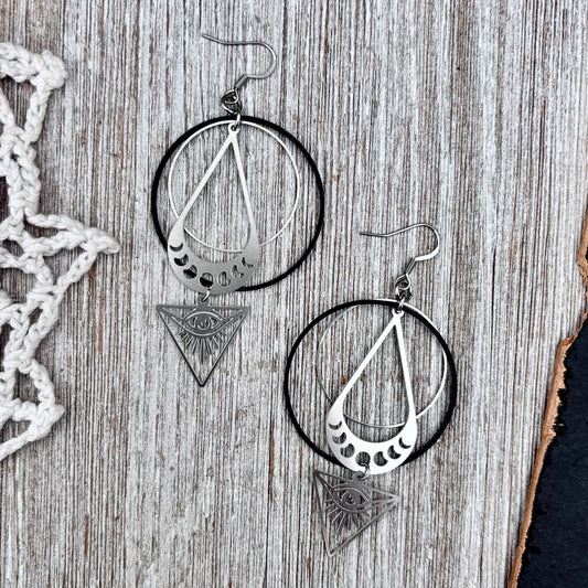 Stainless Steel All Seeing Eye Moon Phases Hoop Earrings / Long Dangle Earrings