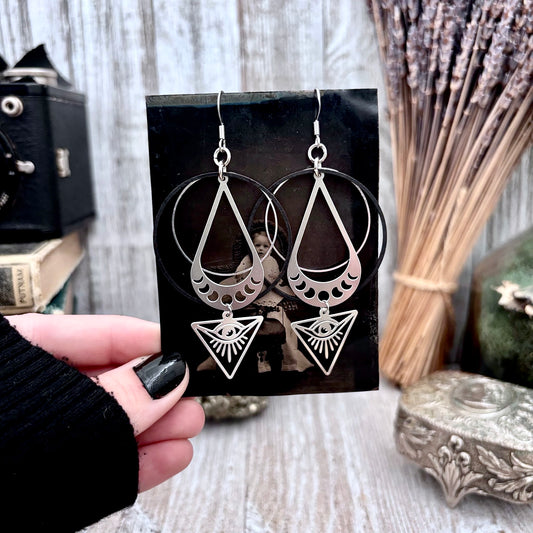 Stainless Steel All Seeing Eye Moon Phases Hoop Earrings / Long Dangle Earrings