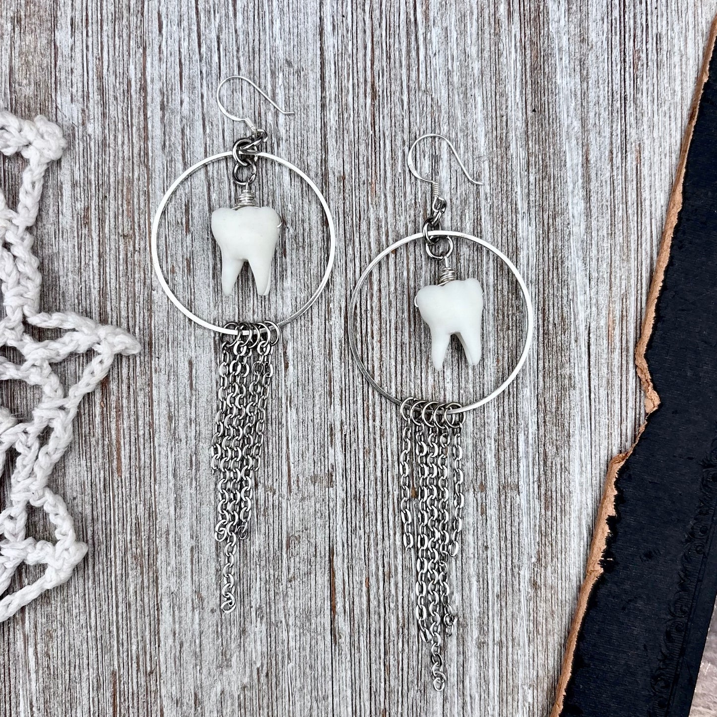 Stainless Steel Tooth Fringe Hoop Earrings / Long Dangle Earrings