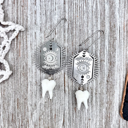 Stainless Steel All Seeing Eye Tooth Earrings / Long Dangle Earrings