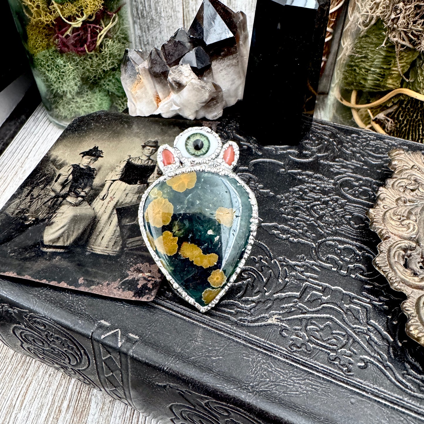 Multi Stone Ocean Jasper Carnelian & Glass Eye Ring In Fine Silver Size 8.5 / Foxlark Collection