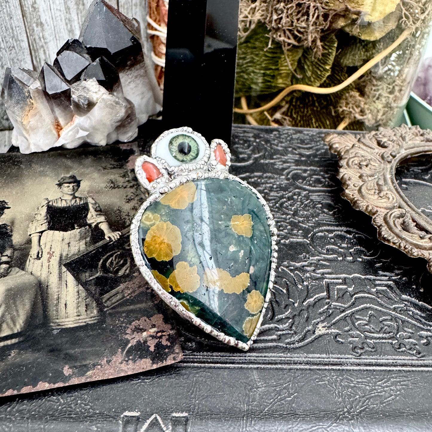 Multi Stone Ocean Jasper Carnelian & Glass Eye Ring In Fine Silver Size 8.5 / Foxlark Collection