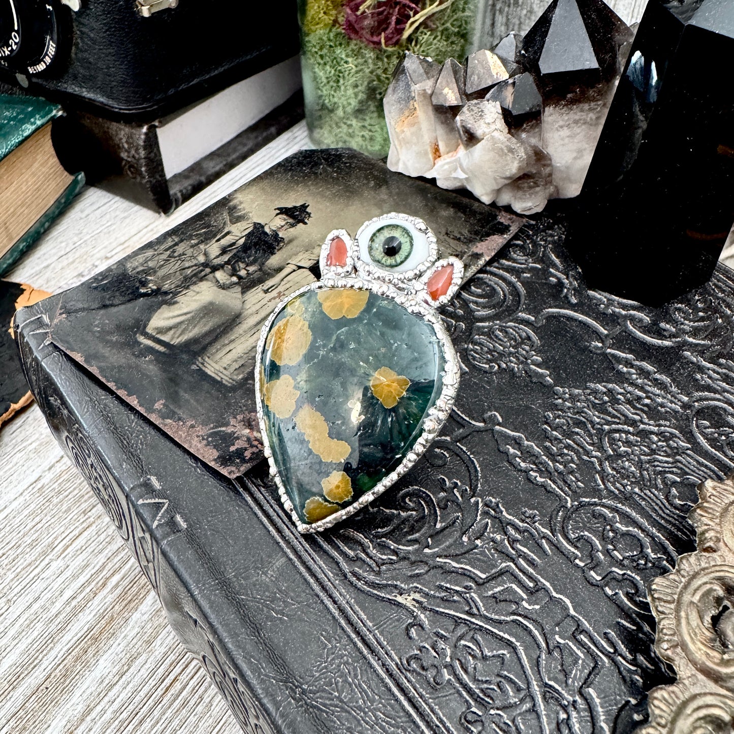 Multi Stone Ocean Jasper Carnelian & Glass Eye Ring In Fine Silver Size 8.5 / Foxlark Collection