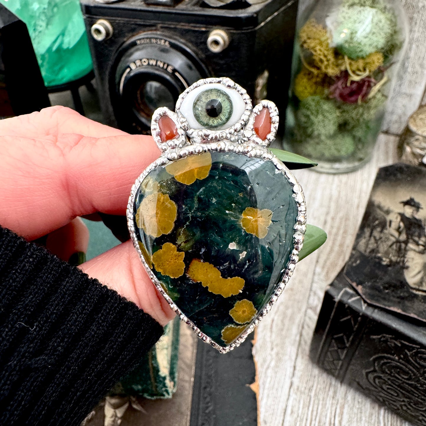 Multi Stone Ocean Jasper Carnelian & Glass Eye Ring In Fine Silver Size 8.5 / Foxlark Collection