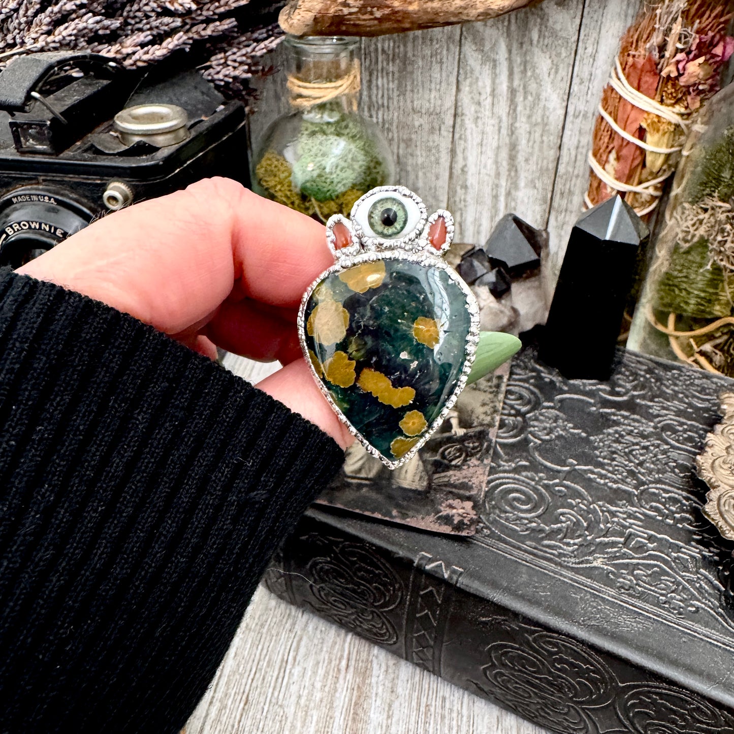 Multi Stone Ocean Jasper Carnelian & Glass Eye Ring In Fine Silver Size 8.5 / Foxlark Collection