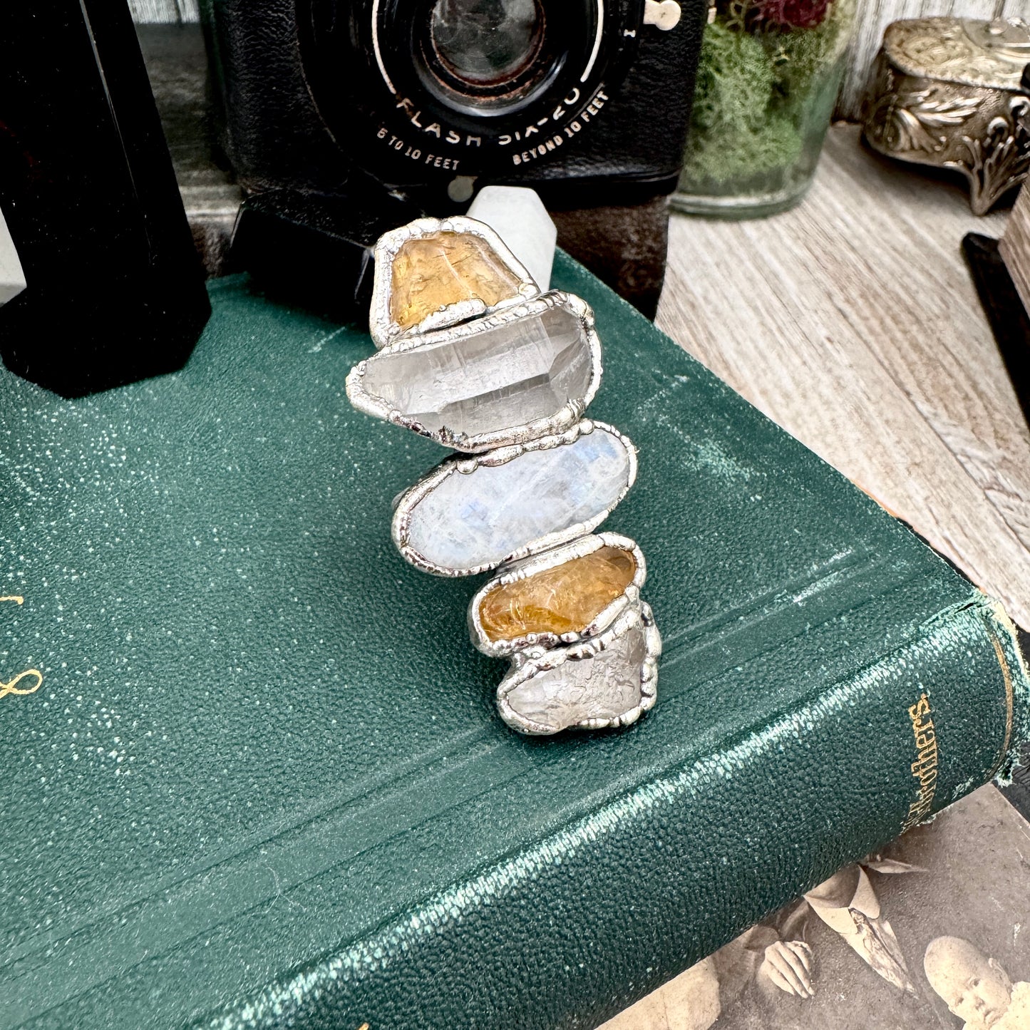 Multi Stone Clear Quartz Citrine & Rainbow Moonstone Ring In Fine Silver Size 10 / Foxlark Collection