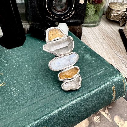 Multi Stone Clear Quartz Citrine & Rainbow Moonstone Ring In Fine Silver Size 10 / Foxlark Collection