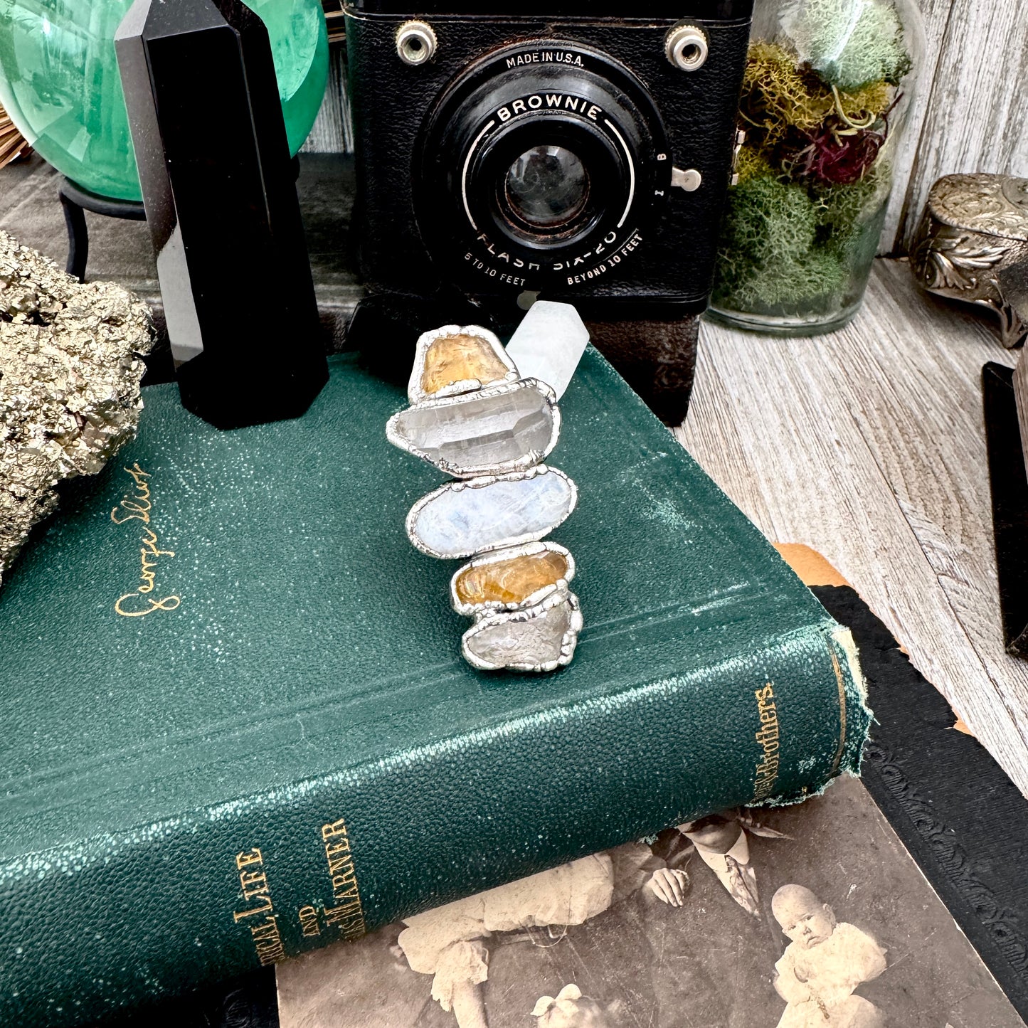 Multi Stone Clear Quartz Citrine & Rainbow Moonstone Ring In Fine Silver Size 10 / Foxlark Collection