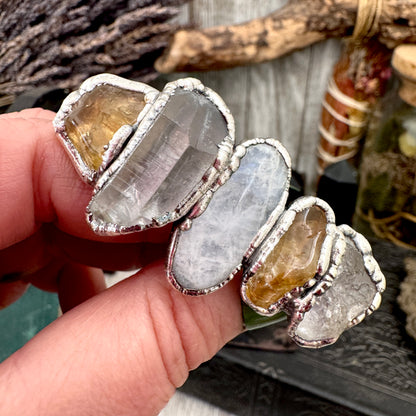 Multi Stone Clear Quartz Citrine & Rainbow Moonstone Ring In Fine Silver Size 10 / Foxlark Collection