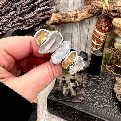 Multi Stone Clear Quartz Citrine & Rainbow Moonstone Ring In Fine Silver Size 10 / Foxlark Collection