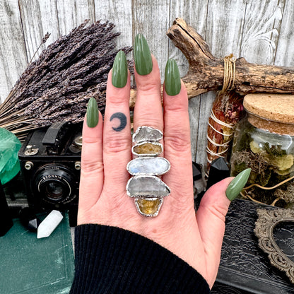 Multi Stone Clear Quartz Citrine & Rainbow Moonstone Ring In Fine Silver Size 10 / Foxlark Collection