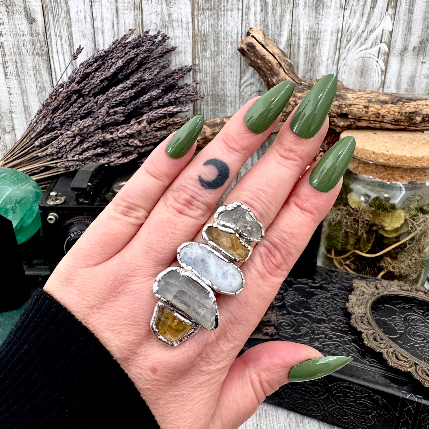Multi Stone Clear Quartz Citrine & Rainbow Moonstone Ring In Fine Silver Size 10 / Foxlark Collection