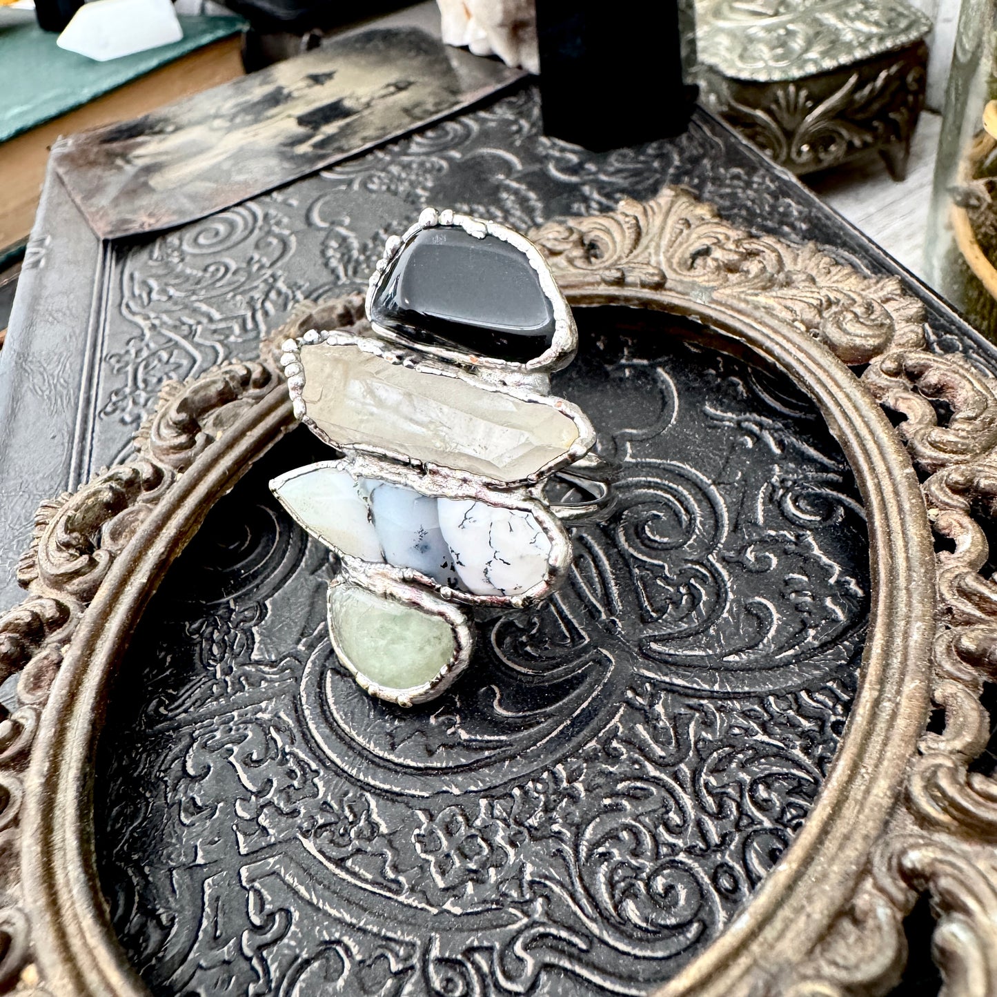 Multi Stone Black Onyx Clear Quartz Dendritic Agate & Amazonite Ring In Fine Silver Size 10.5 / Foxlark Collection