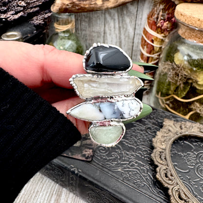 Multi Stone Black Onyx Clear Quartz Dendritic Agate & Amazonite Ring In Fine Silver Size 10.5 / Foxlark Collection