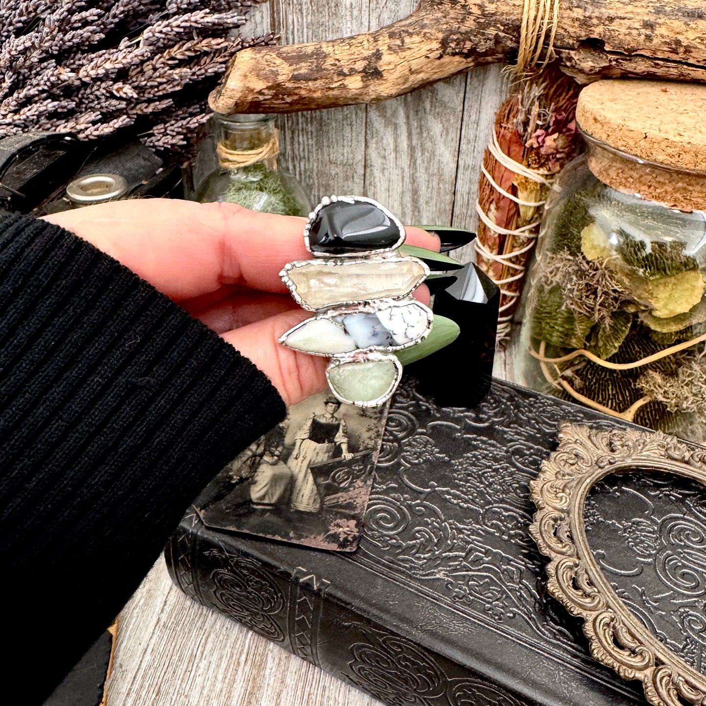 Multi Stone Black Onyx Clear Quartz Dendritic Agate & Amazonite Ring In Fine Silver Size 10.5 / Foxlark Collection