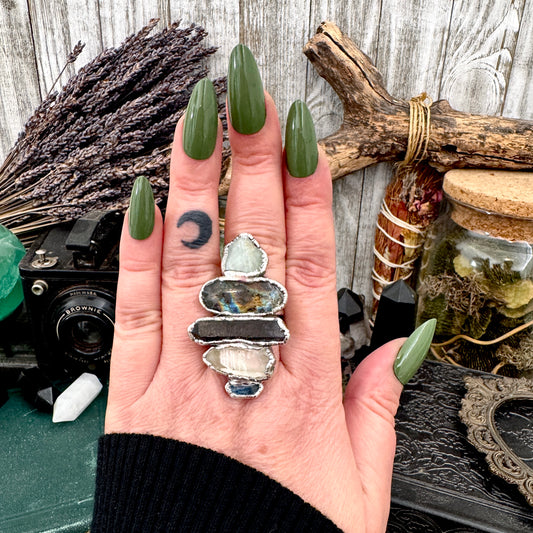 Multi Stone Amazonite Labradorite Smoky Quartz Clear Quartz & Blue Kyanite Ring In Fine Silver Size 9 / Foxlark Collection