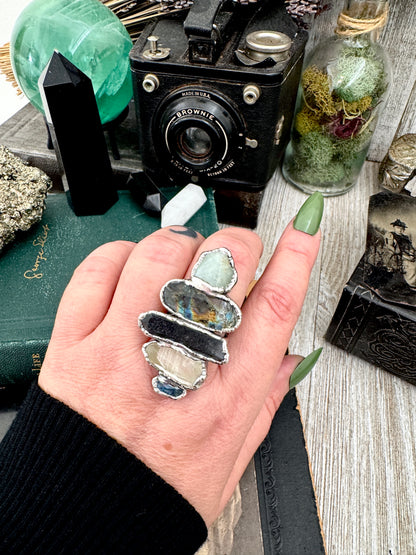 Multi Stone Amazonite Labradorite Smoky Quartz Clear Quartz & Blue Kyanite Ring In Fine Silver Size 9 / Foxlark Collection