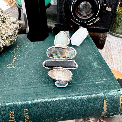Multi Stone Amazonite Labradorite Smoky Quartz Clear Quartz & Blue Kyanite Ring In Fine Silver Size 9 / Foxlark Collection