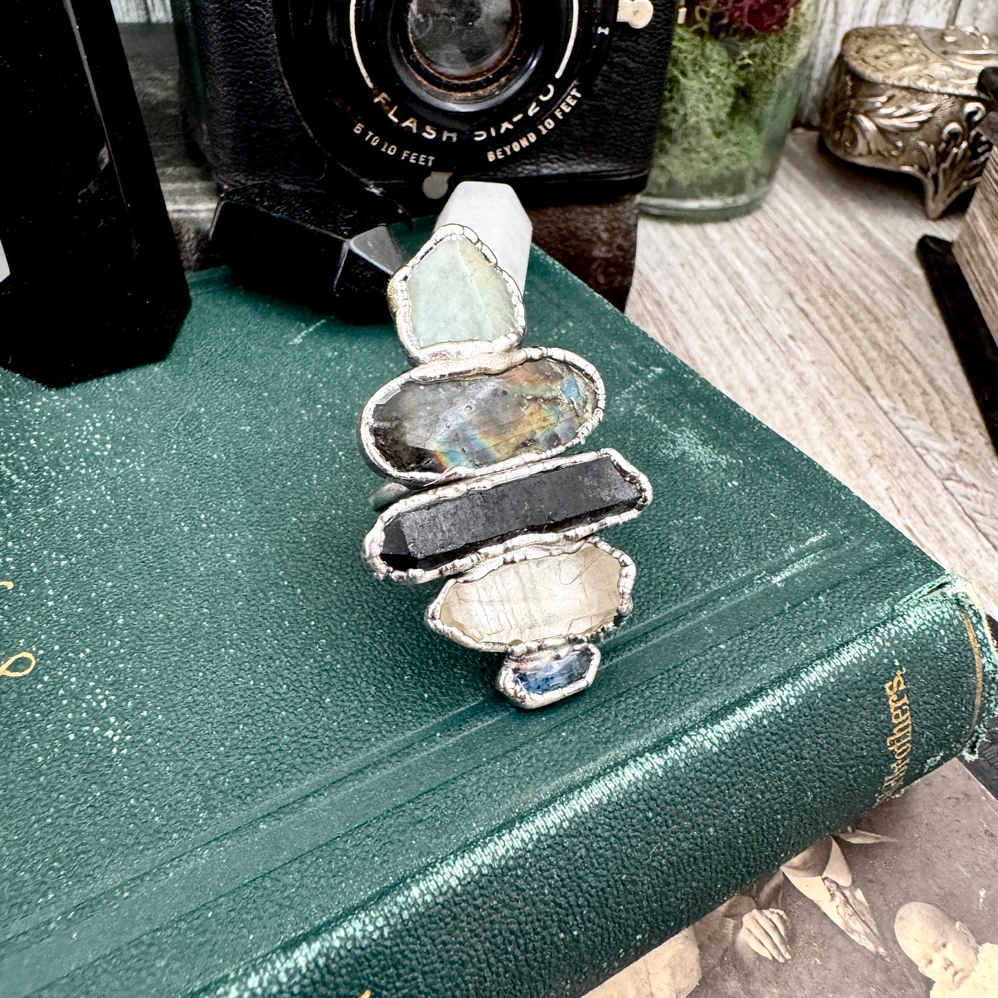 Multi Stone Amazonite Labradorite Smoky Quartz Clear Quartz & Blue Kyanite Ring In Fine Silver Size 9 / Foxlark Collection