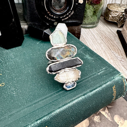 Multi Stone Amazonite Labradorite Smoky Quartz Clear Quartz & Blue Kyanite Ring In Fine Silver Size 9 / Foxlark Collection