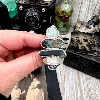Multi Stone Amazonite Labradorite Smoky Quartz Clear Quartz & Blue Kyanite Ring In Fine Silver Size 9 / Foxlark Collection