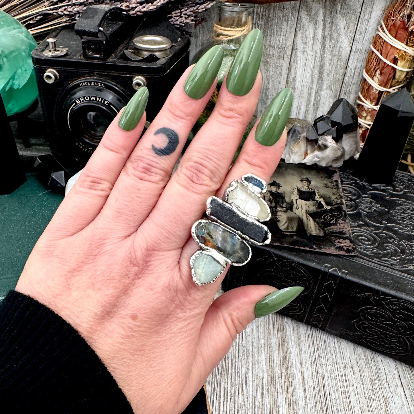 Multi Stone Amazonite Labradorite Smoky Quartz Clear Quartz & Blue Kyanite Ring In Fine Silver Size 9 / Foxlark Collection