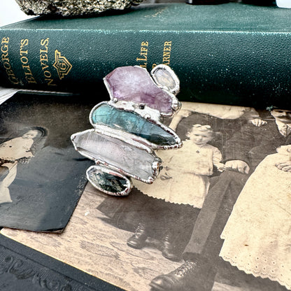 Multi Stone Moss Agate Clear Quartz Labradorite Amethyst & Rainbow Moonstone Ring In Fine Silver Size 10 / Foxlark Collection