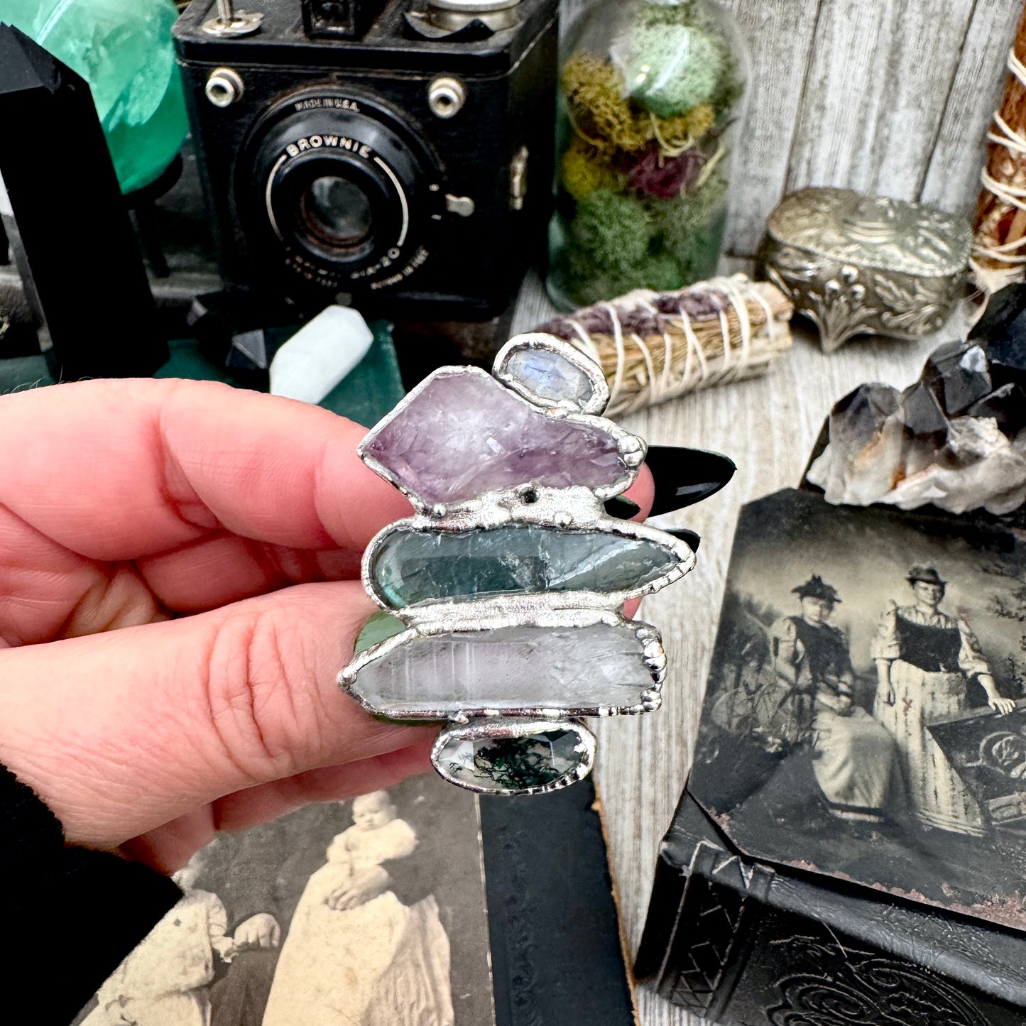 Multi Stone Moss Agate Clear Quartz Labradorite Amethyst & Rainbow Moonstone Ring In Fine Silver Size 10 / Foxlark Collection