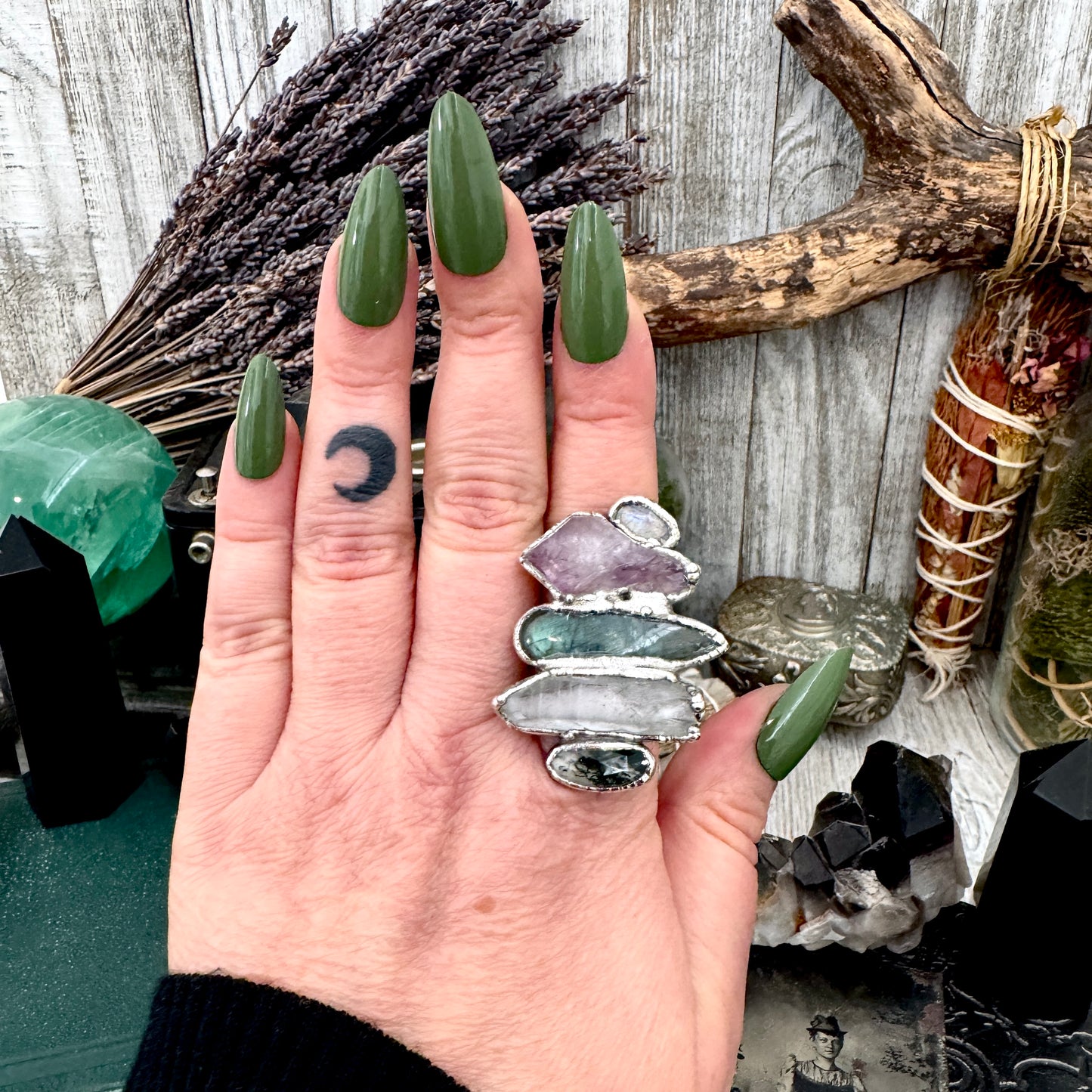 Multi Stone Moss Agate Clear Quartz Labradorite Amethyst & Rainbow Moonstone Ring In Fine Silver Size 10 / Foxlark Collection