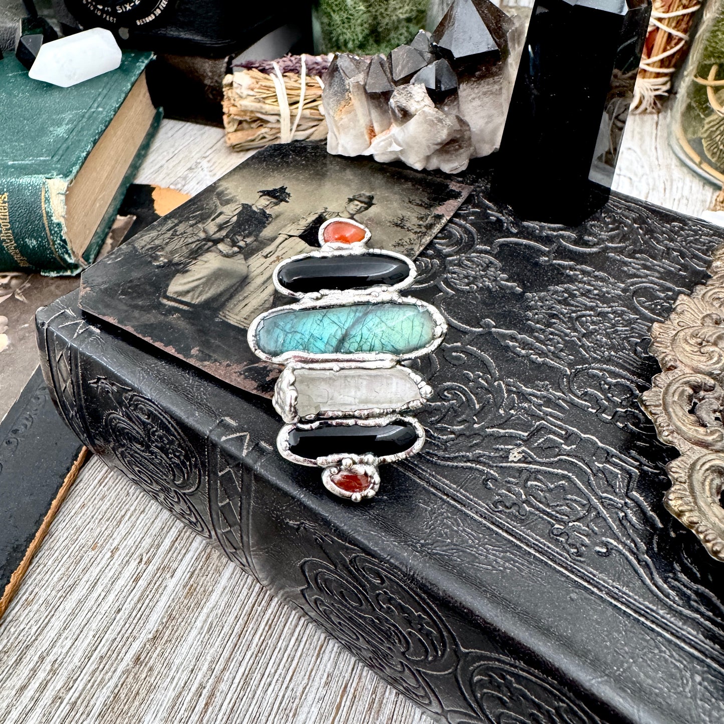 Multi Stone Carnelian Black Onyx Clear Quartz & Labradorite Ring In Fine Silver Size 9 / Foxlark Collection