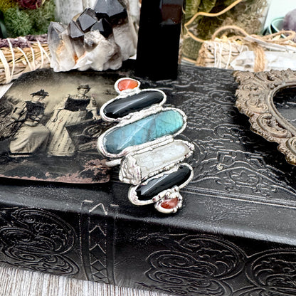 Multi Stone Carnelian Black Onyx Clear Quartz & Labradorite Ring In Fine Silver Size 9 / Foxlark Collection