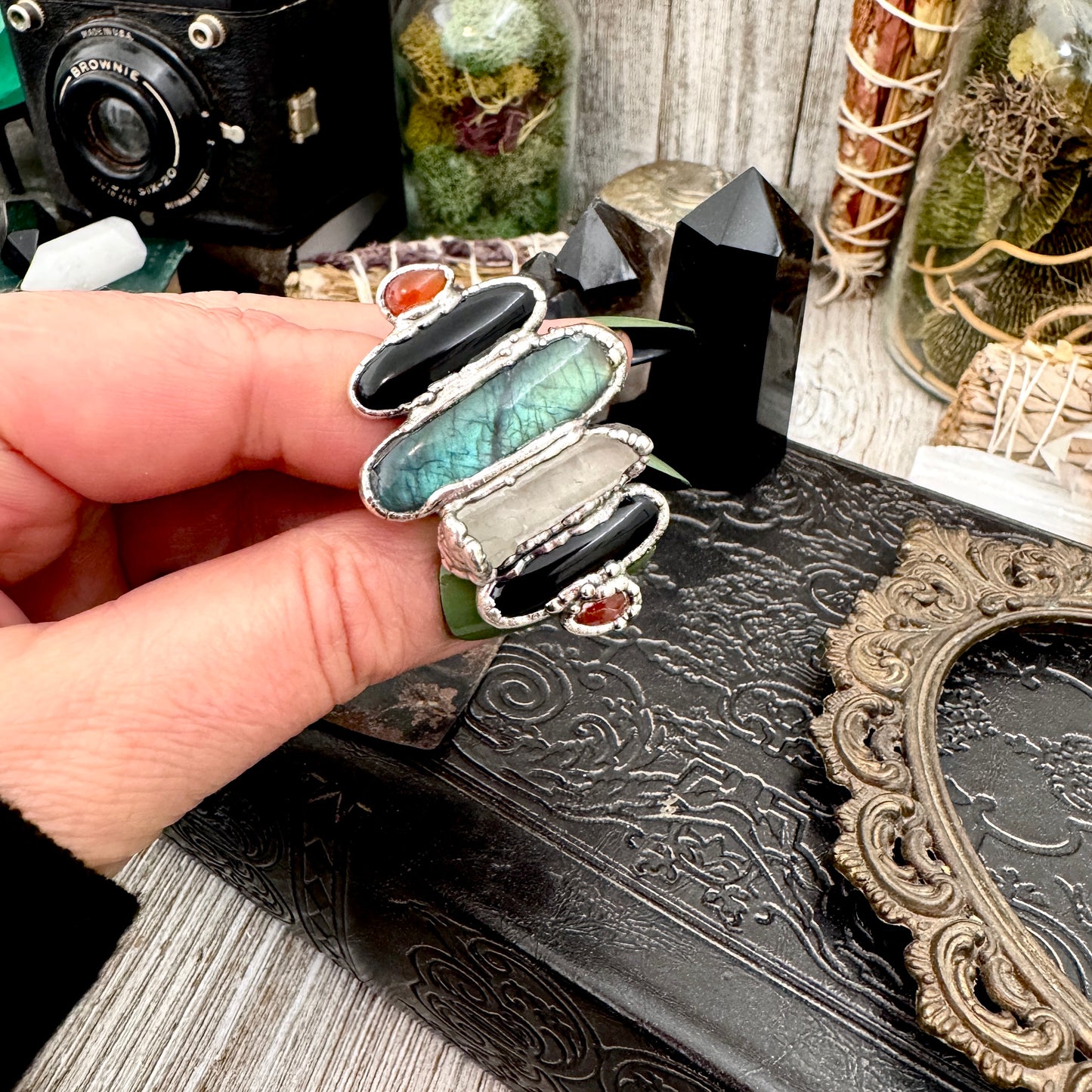 Multi Stone Carnelian Black Onyx Clear Quartz & Labradorite Ring In Fine Silver Size 9 / Foxlark Collection