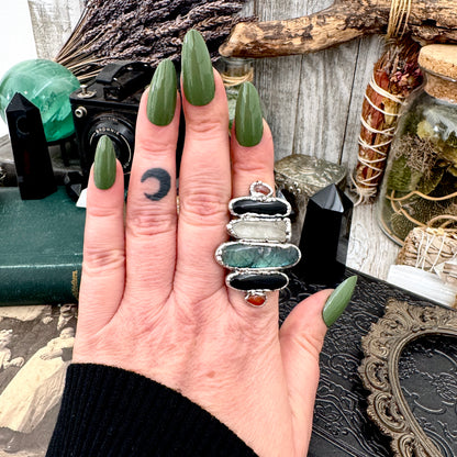 Multi Stone Carnelian Black Onyx Clear Quartz & Labradorite Ring In Fine Silver Size 9 / Foxlark Collection