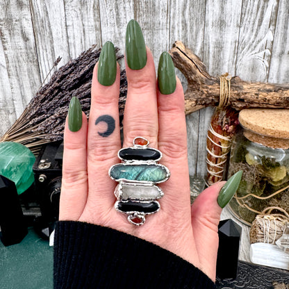 Multi Stone Carnelian Black Onyx Clear Quartz & Labradorite Ring In Fine Silver Size 9 / Foxlark Collection