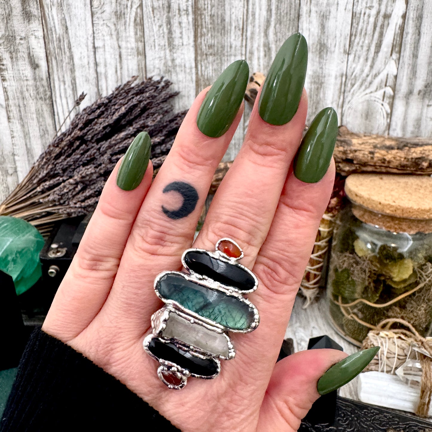 Multi Stone Carnelian Black Onyx Clear Quartz & Labradorite Ring In Fine Silver Size 9 / Foxlark Collection