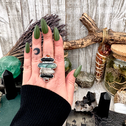 Multi Stone Carnelian Black Onyx Clear Quartz & Labradorite Ring In Fine Silver Size 9 / Foxlark Collection