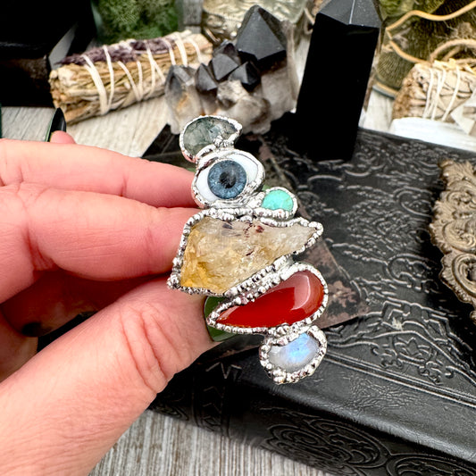 Multi Stone Moss Agate Glass Eye Turquoise Citrine Carnelian & Rainbow Moonstone Ring In Fine Silver Size 8 / Foxlark Collection